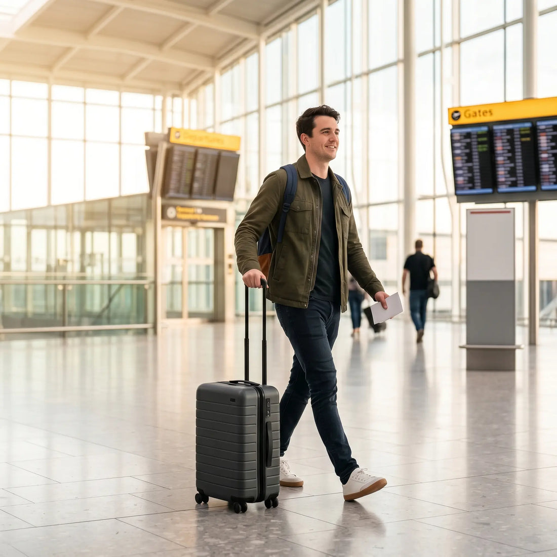 Traveller walking through a UK airport terminal with only a carry-on suitcase avoiding baggage fees