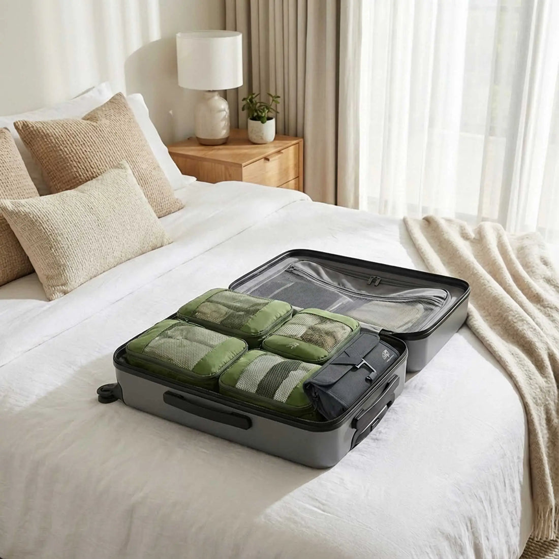 Organised carry-on suitcase using packing cubes to separate clothing in a hotel room