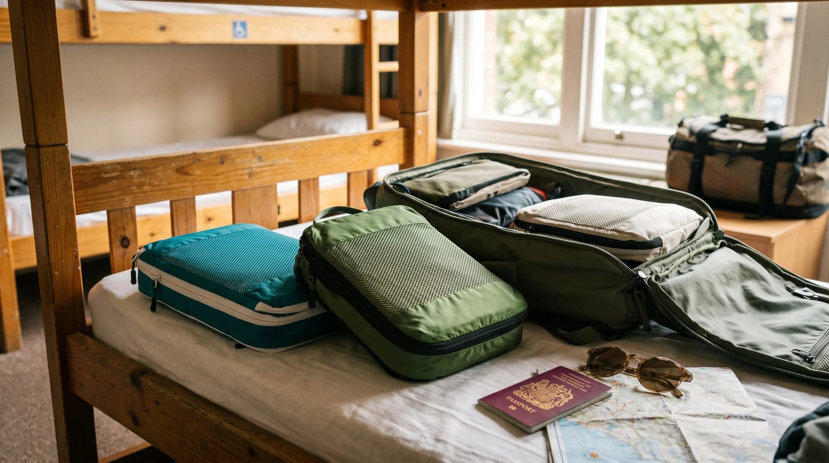 Cube Packer compression packing cubes in blue, green and cream laid out on a hostel bunk beside an open travel backpack, ready for backpacking