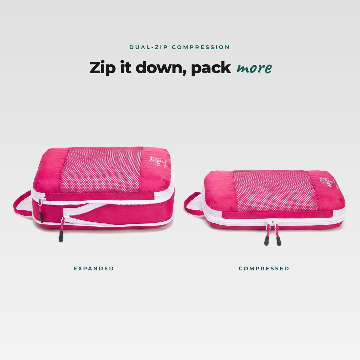 Flamingo Pink Cube Packer compression packing cube shown expanded and zipped flat, dual-zip compression saves suitcase space