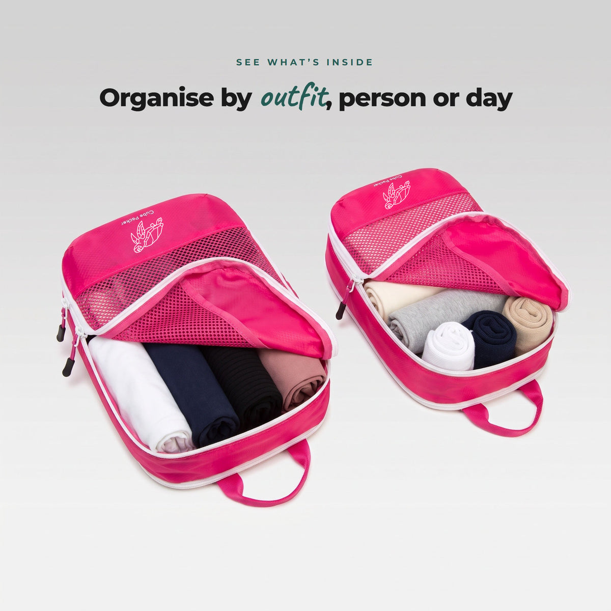 Two open Flamingo Pink Cube Packer packing cubes with rolled clothes inside, mesh panel to see what is packed