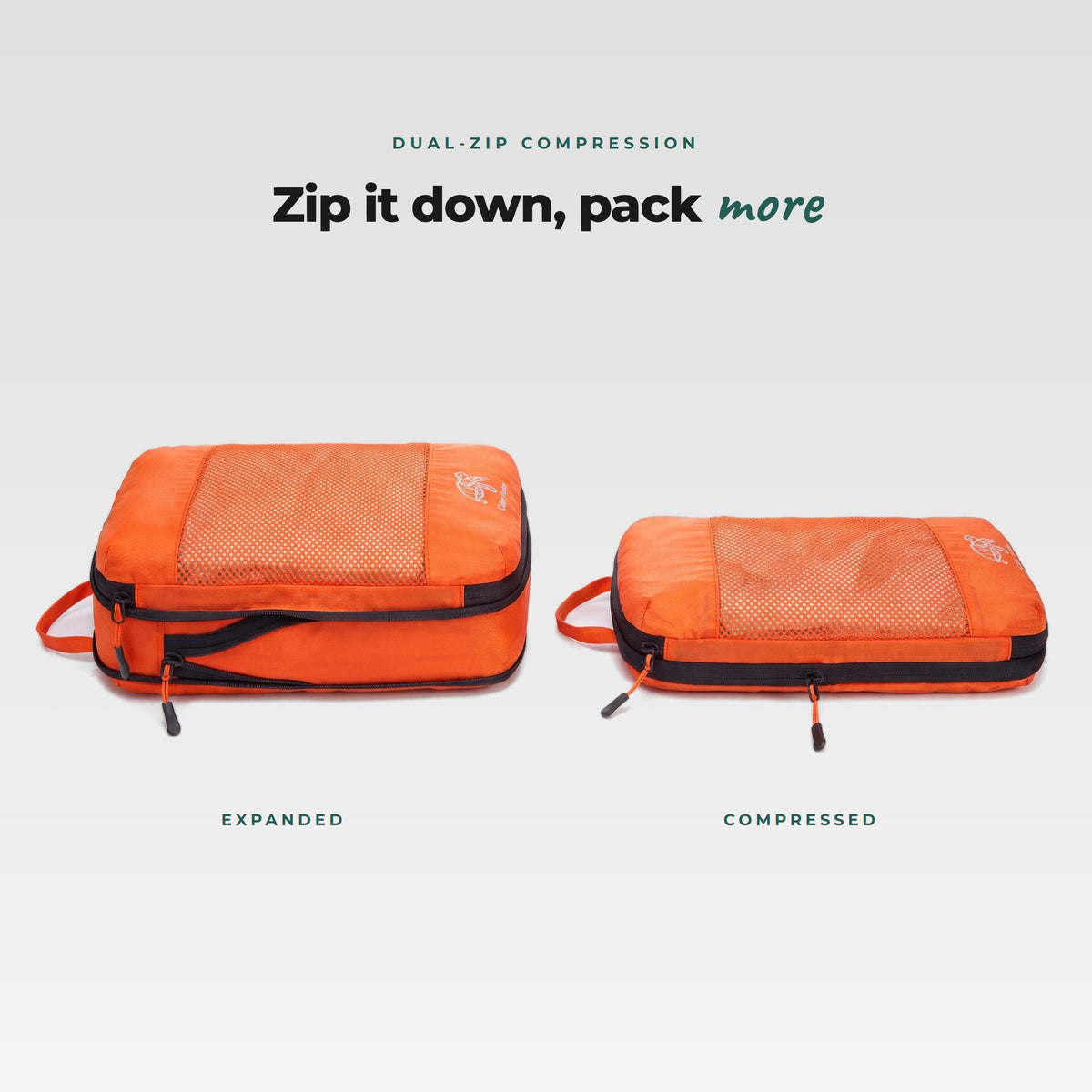 Nemo Orange Cube Packer compression packing cube shown expanded and zipped flat, dual-zip compression saves suitcase space