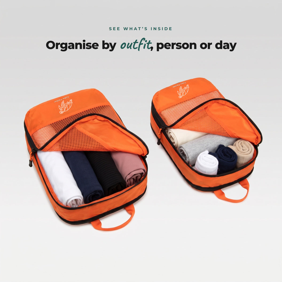 Two open Nemo Orange Cube Packer packing cubes with rolled clothes inside, mesh panel to see what is packed