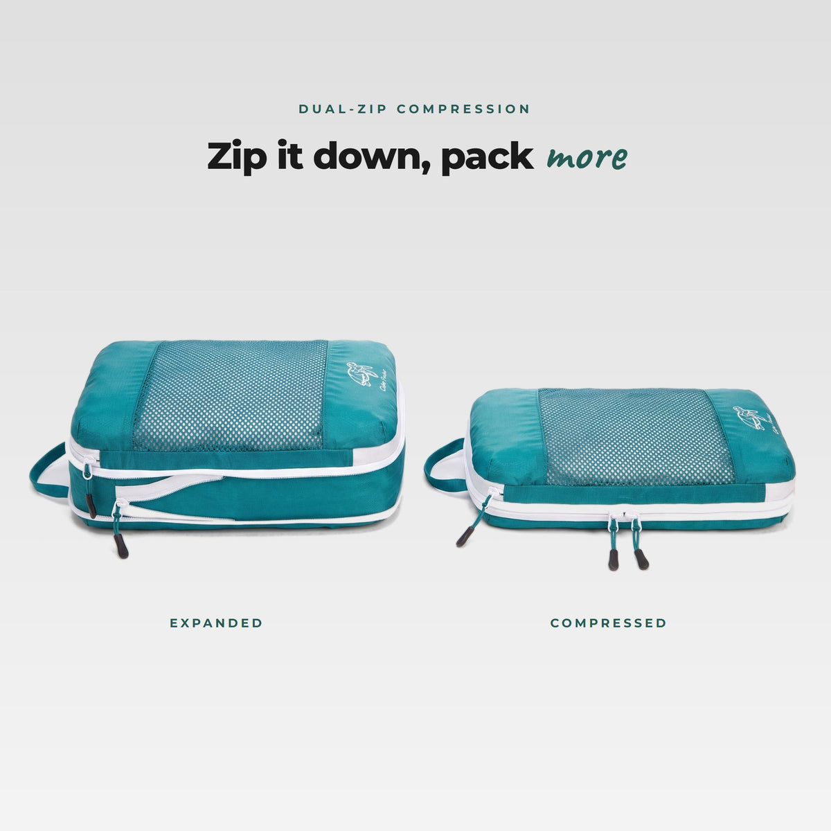Reef Teal Cube Packer compression packing cube shown expanded and zipped flat, dual-zip compression saves suitcase space