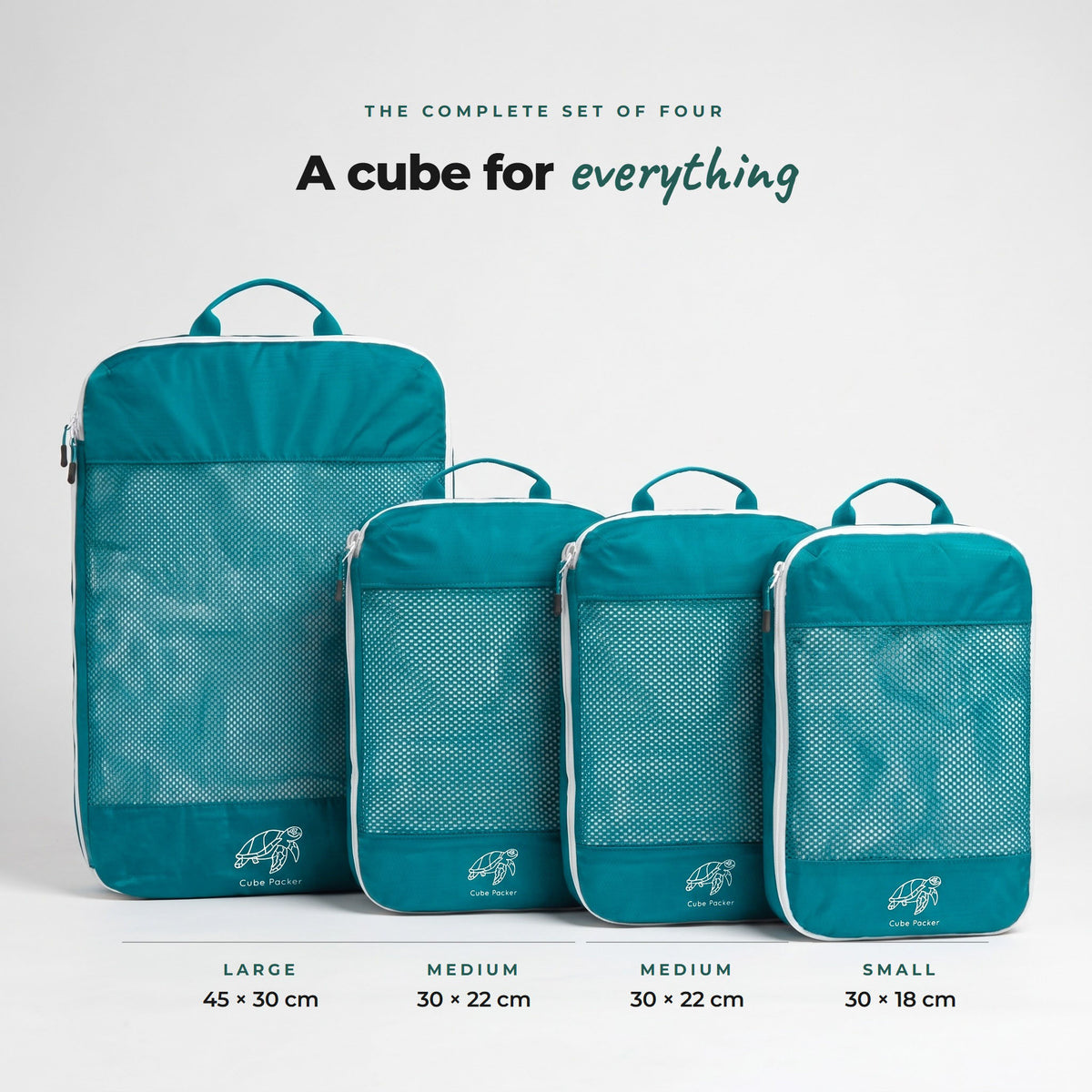 Set of four Reef Teal Cube Packer compression packing cubes: 1 large 45x30cm, 2 medium 30x22cm and 1 small 30x18cm