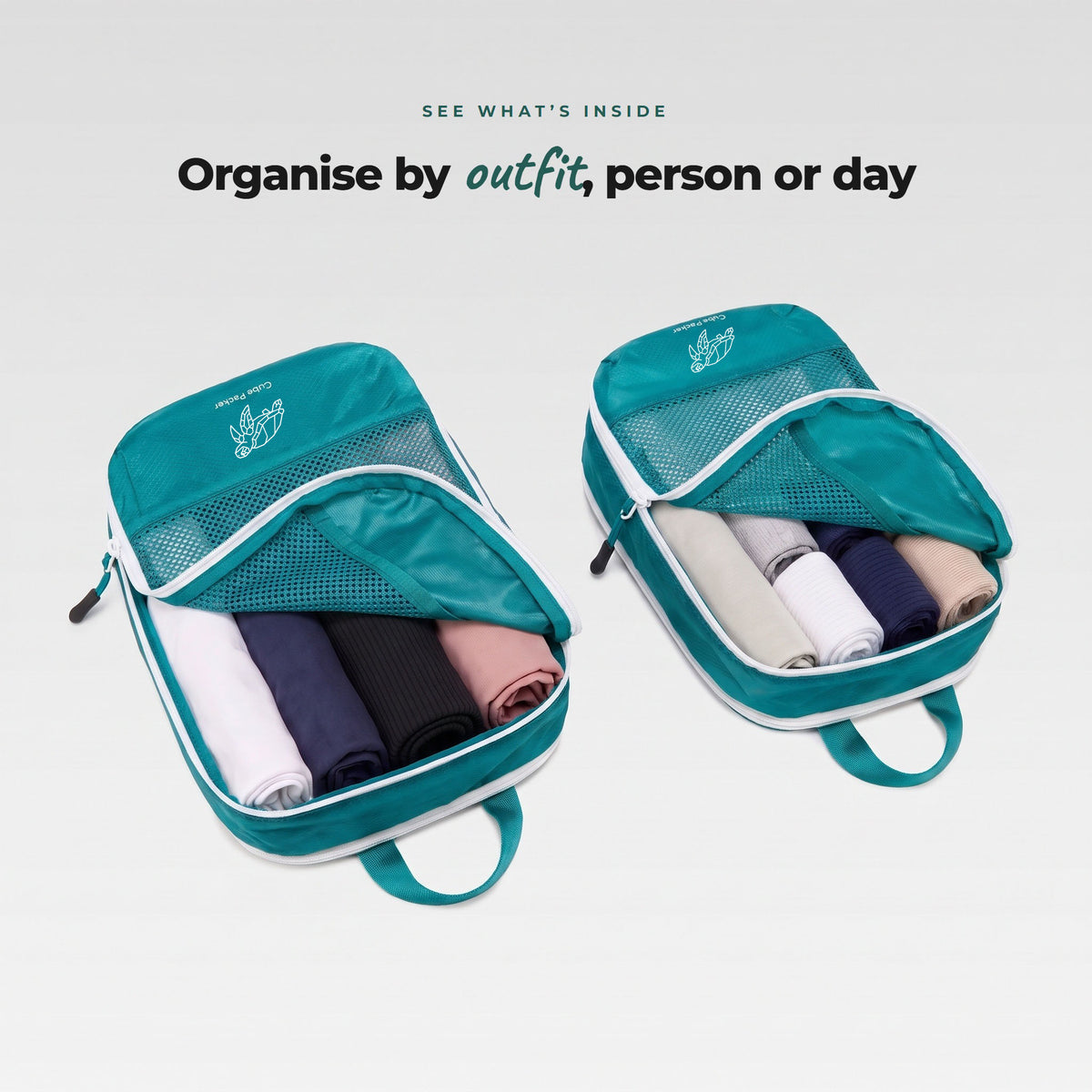 Two open Reef Teal Cube Packer packing cubes with rolled clothes inside, mesh panel to see what is packed