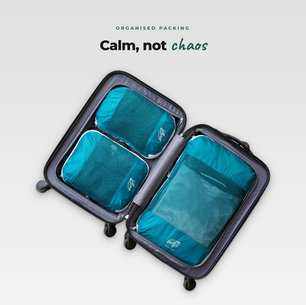 Reef Teal Cube Packer compression packing cubes neatly packed in an open suitcase