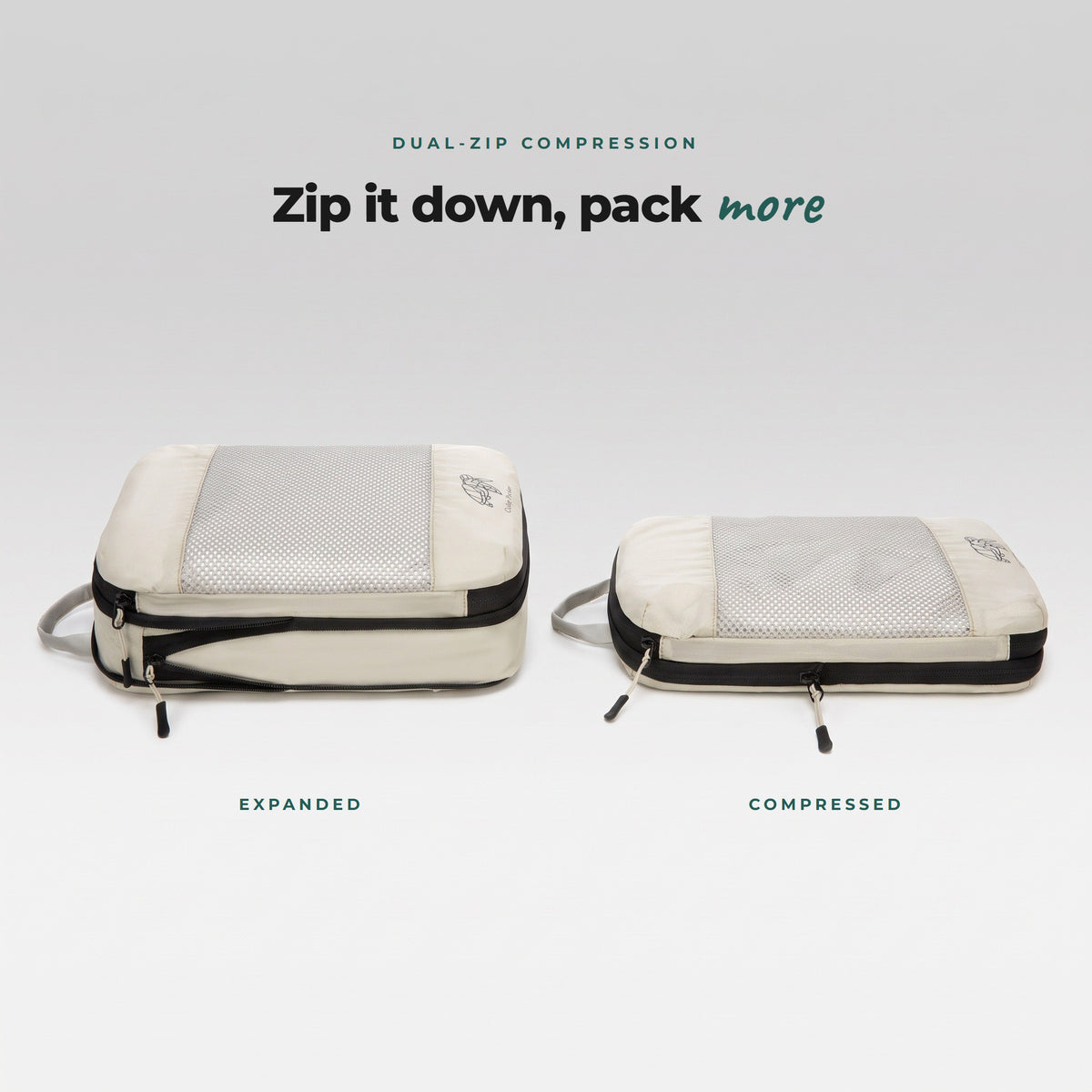 Sand Cube Packer compression packing cube shown expanded and zipped flat, dual-zip compression saves suitcase space