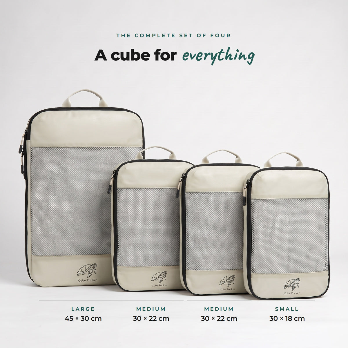 Set of four Sand Cube Packer compression packing cubes: 1 large 45x30cm, 2 medium 30x22cm and 1 small 30x18cm
