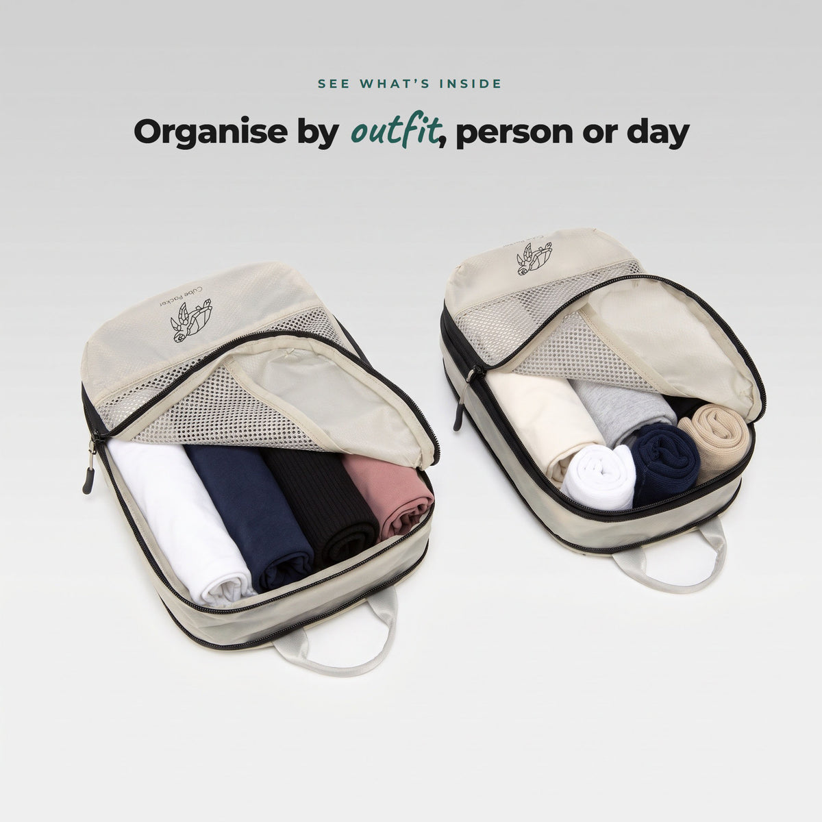 Two open Sand Cube Packer packing cubes with rolled clothes inside, mesh panel to see what is packed