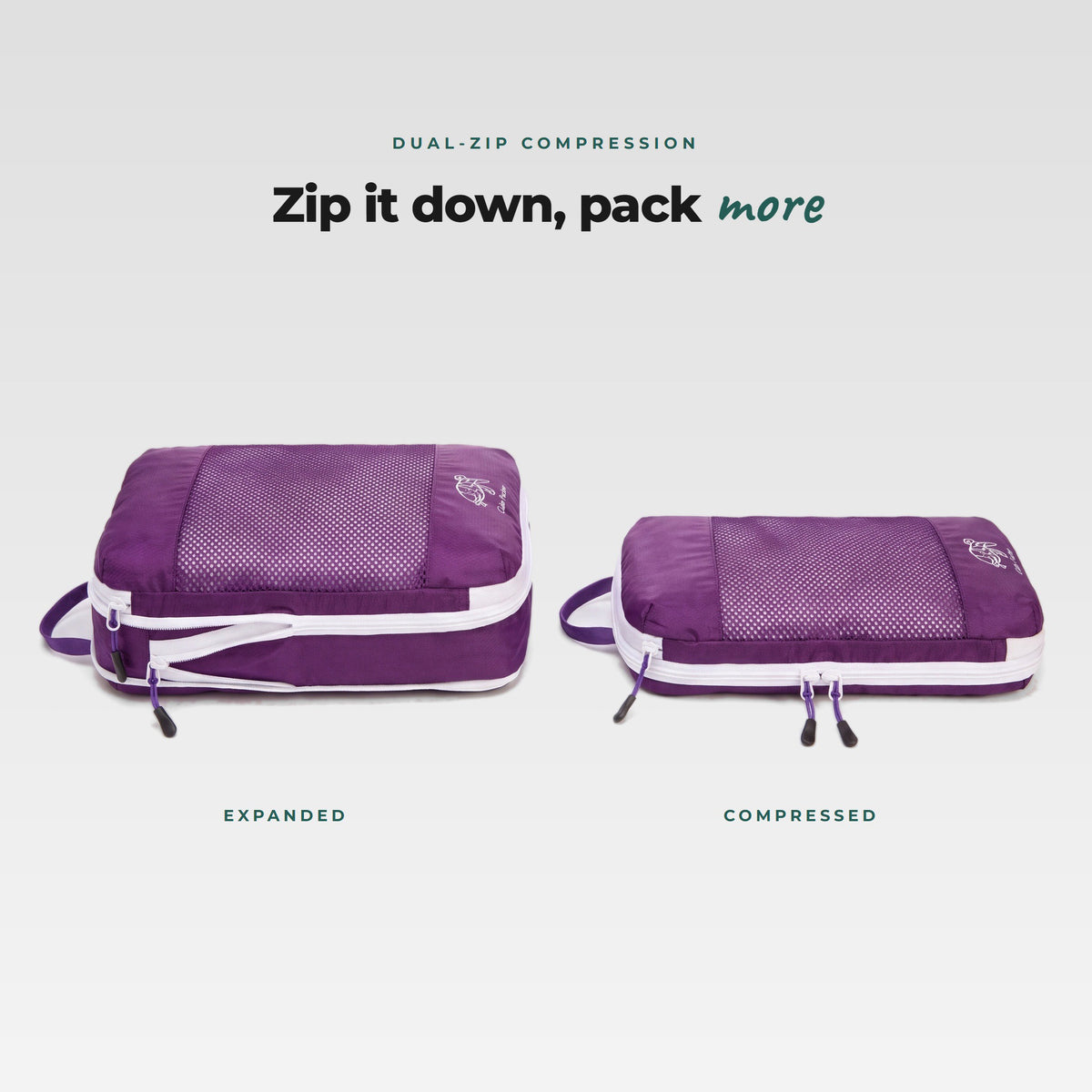 Violet Reef Cube Packer compression packing cube shown expanded and zipped flat, dual-zip compression saves suitcase space