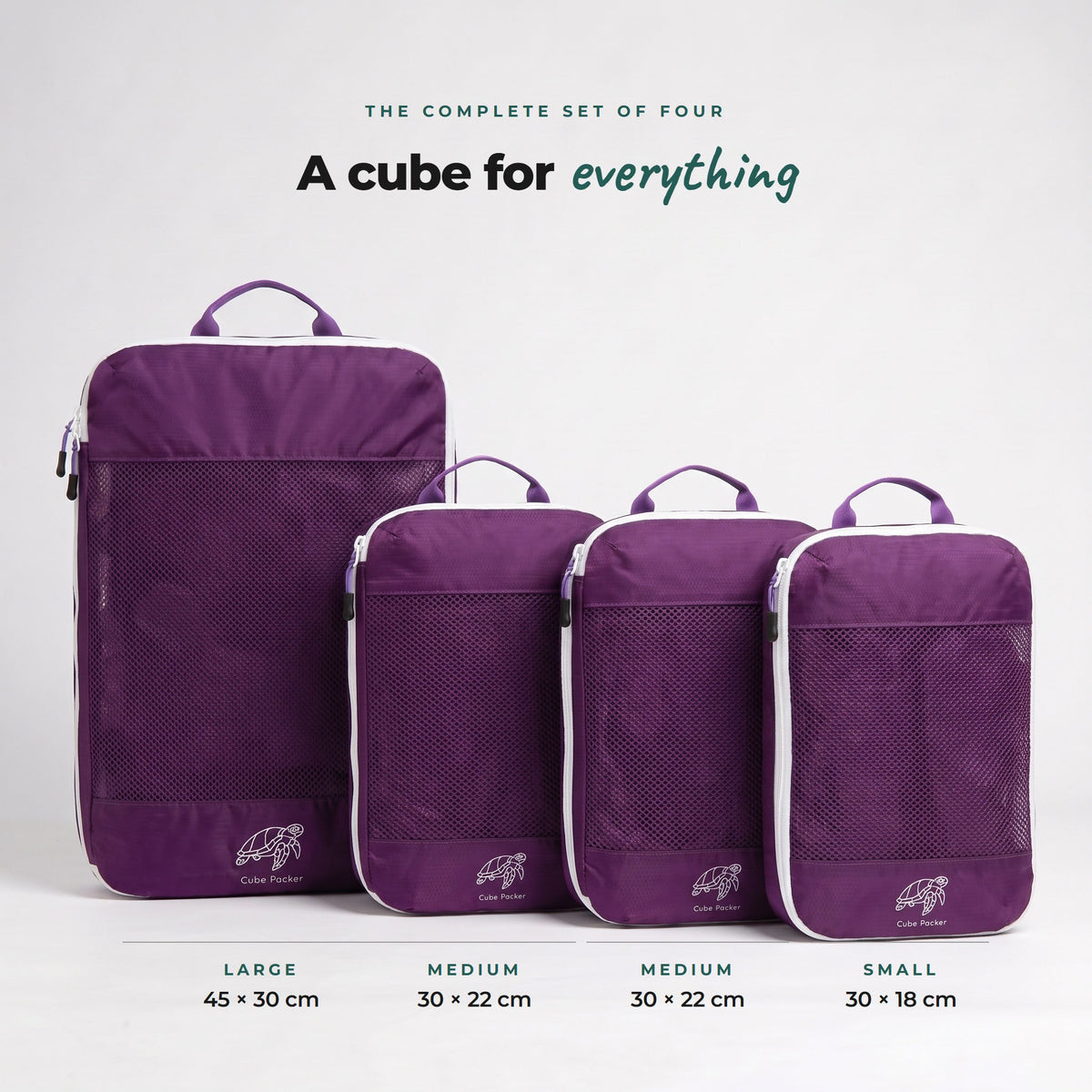 Set of four Violet Reef Cube Packer compression packing cubes: 1 large 45x30cm, 2 medium 30x22cm and 1 small 30x18cm