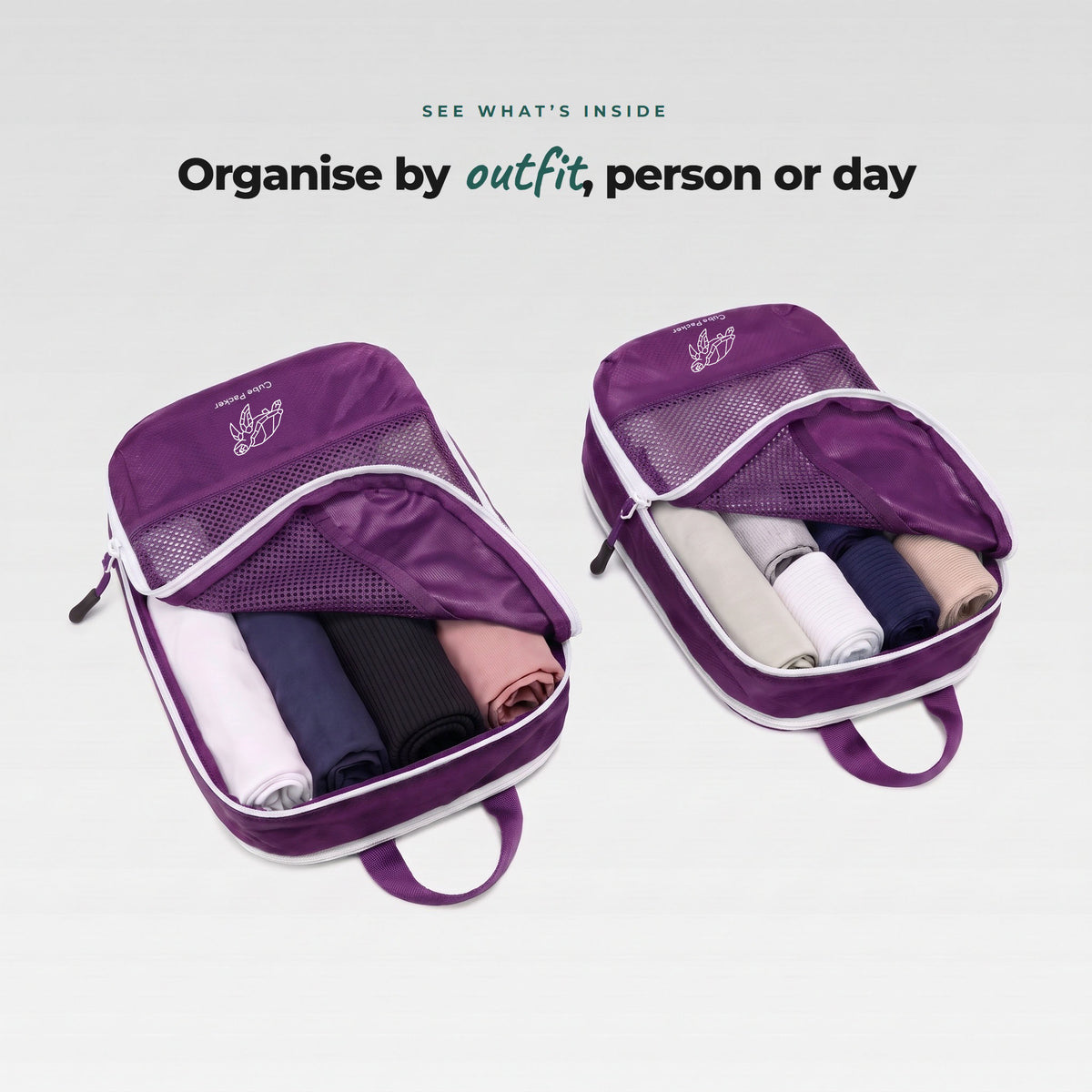 Two open Violet Reef Cube Packer packing cubes with rolled clothes inside, mesh panel to see what is packed