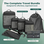Cube Packer Complete Travel Bundle in Black showing compression packing cubes, shoe bag, laundry bag and toiletries bag
