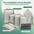 Cube Packer Complete Travel Bundle in Cream showing compression packing cubes, shoe bag, laundry bag and toiletries bag
