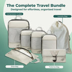 Cube Packer Complete Travel Bundle in Cream showing compression packing cubes, shoe bag, laundry bag and toiletries bag