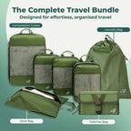 Cube Packer Complete Travel Bundle in Green showing compression packing cubes, shoe bag, laundry bag and toiletries bag