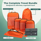Cube Packer Complete Travel Bundle in Orange showing compression packing cubes, shoe bag, laundry bag and toiletries bag