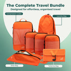 Cube Packer Complete Travel Bundle in Orange showing compression packing cubes, shoe bag, laundry bag and toiletries bag