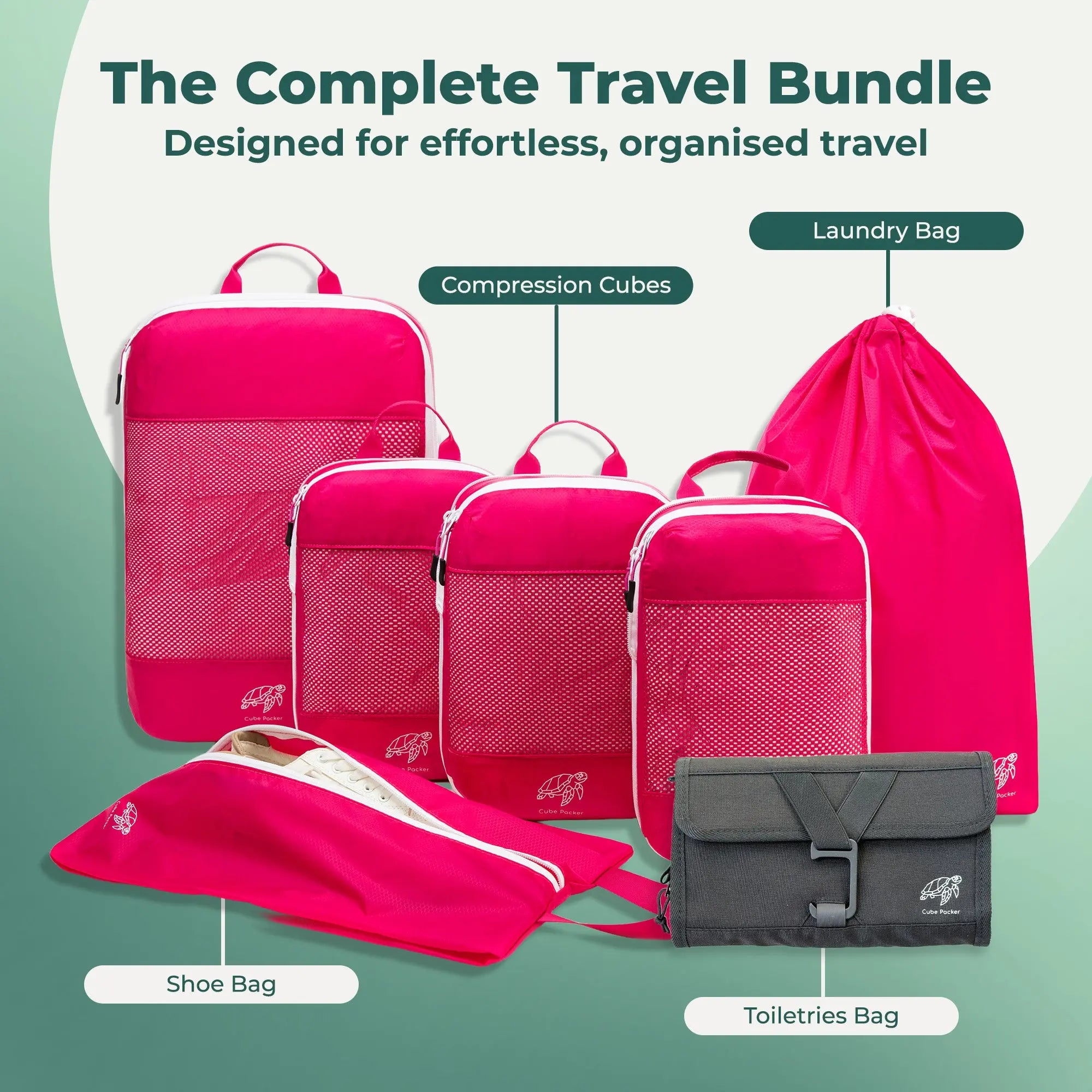 Cube Packer Complete Travel Bundle in Pink showing compression packing cubes, shoe bag, laundry bag and toiletries bag
