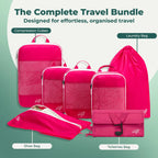 Cube Packer Complete Travel Bundle in Pink showing compression packing cubes, shoe bag, laundry bag and toiletries bag