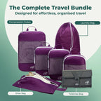Cube Packer Complete Travel Bundle in Purple showing compression packing cubes, shoe bag, laundry bag and toiletries bag