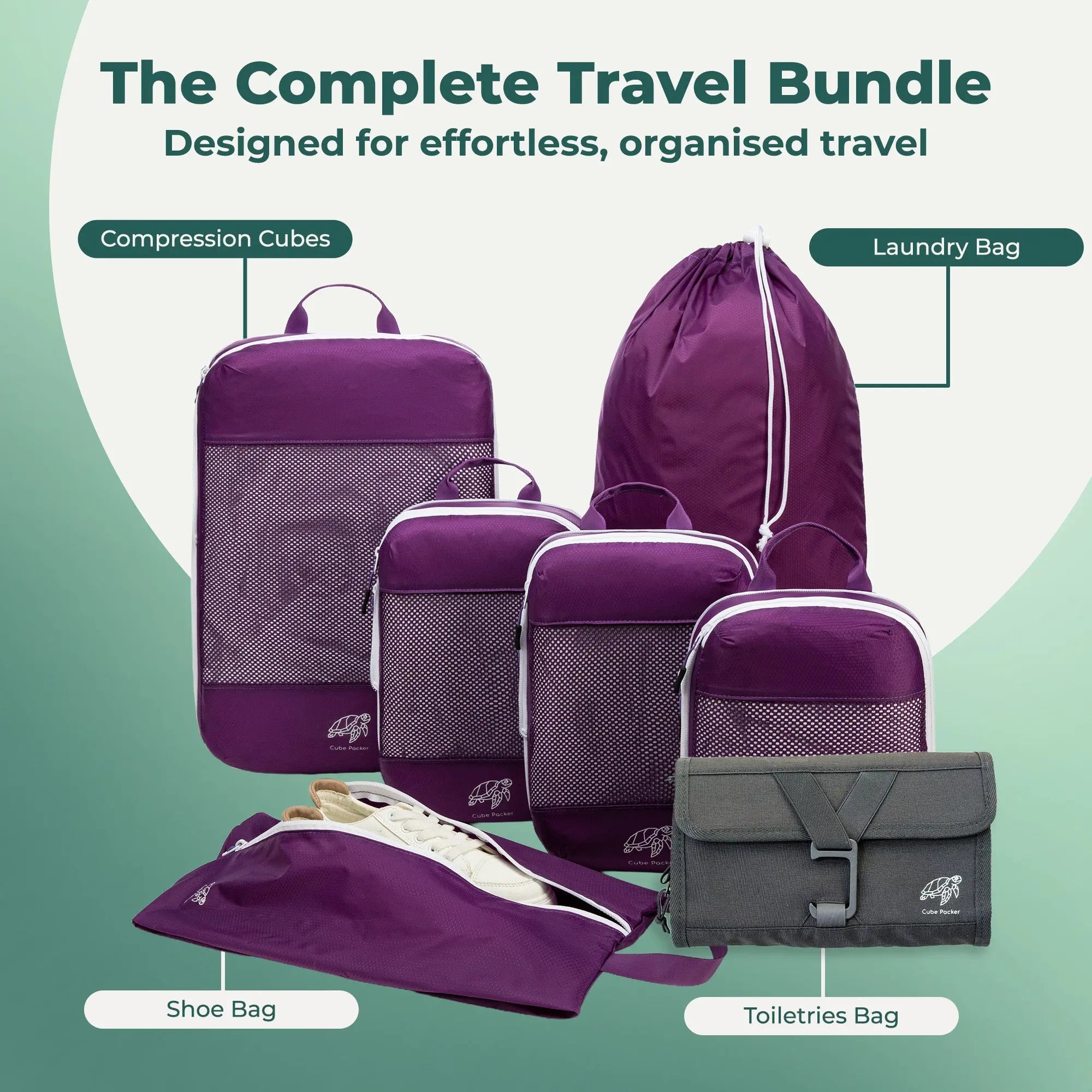 Cube Packer Complete Travel Bundle in Purple showing compression packing cubes, shoe bag, laundry bag and toiletries bag