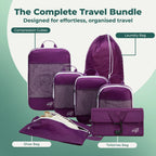 Cube Packer Complete Travel Bundle in Purple showing compression packing cubes, shoe bag, laundry bag and toiletries bag