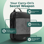 Cube Packer compression packing cube in Black with labelled features including dual zip compression, mesh panel and reinforced grab handle