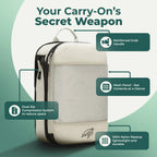 Cube Packer compression packing cube in Cream with labelled features including dual zip compression, mesh panel and reinforced grab handle
