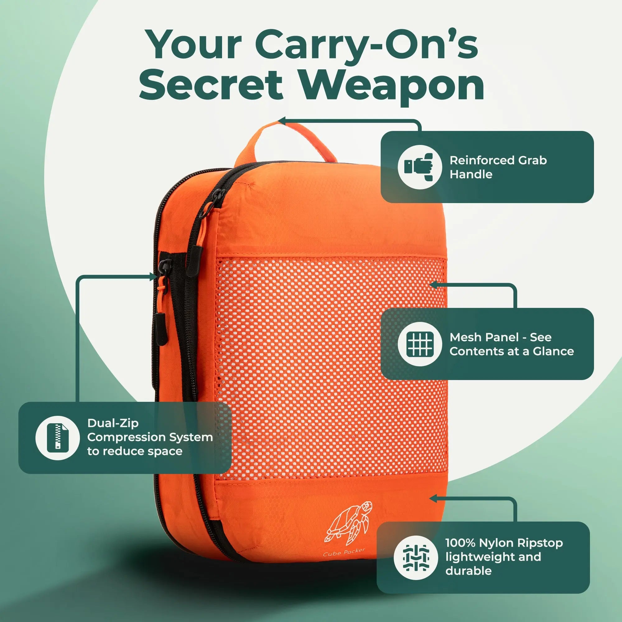 Cube Packer compression packing cube in Orange with labelled features including dual zip compression, mesh panel and reinforced grab handle
