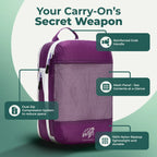 Cube Packer compression packing cube in purple with labelled features including dual zip compression, mesh panel and reinforced grab handle