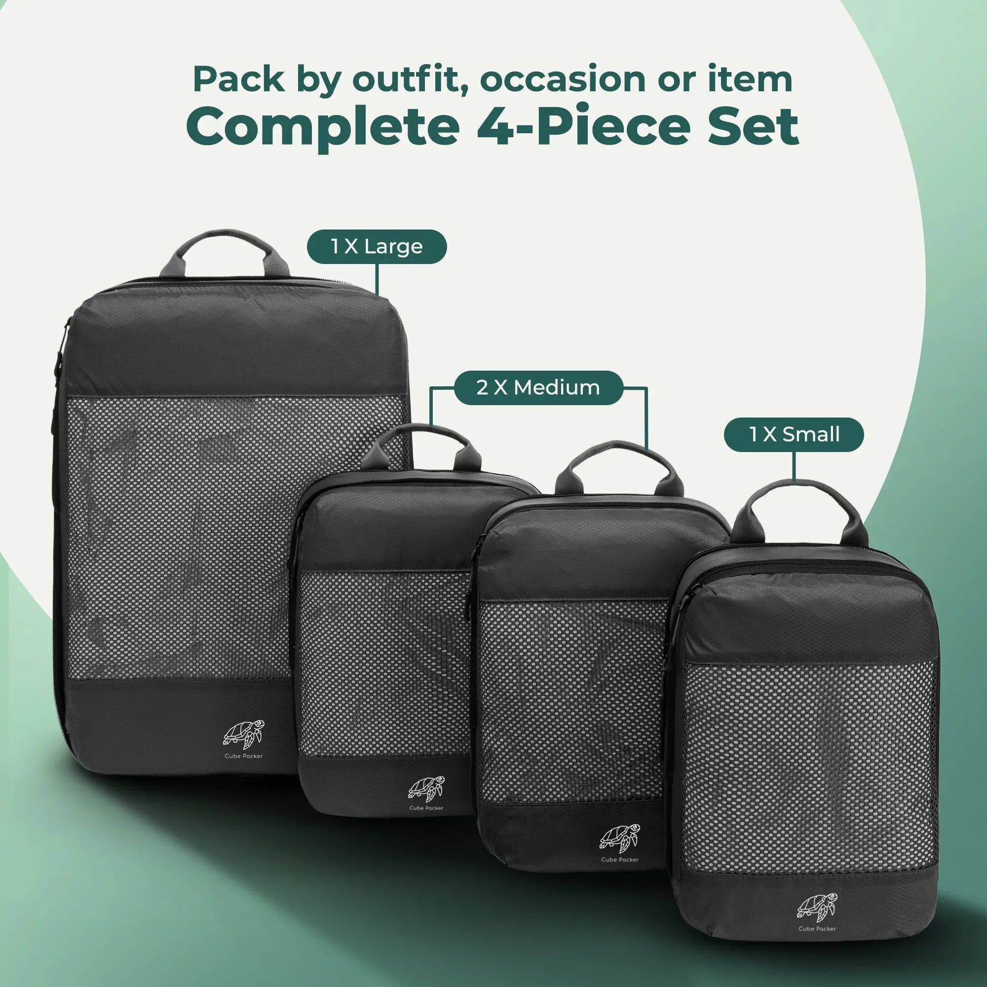 4-piece compression packing cube set in black with one small, two medium and one large cube