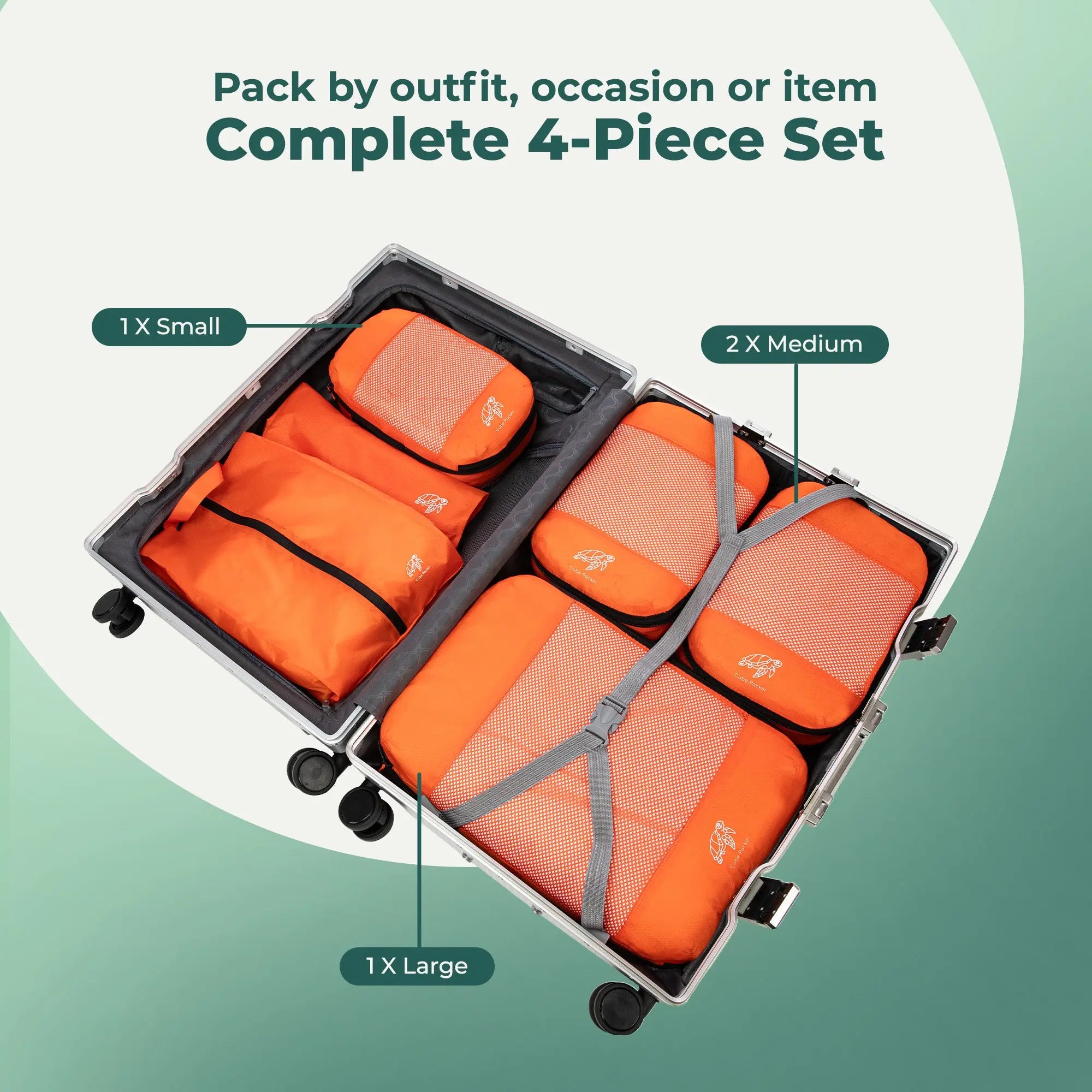 Open suitcase showing a 4-piece compression packing cube set in orange with one small, two medium and one large cube organised inside