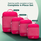 4-piece compression packing cube set in pink with one small, two medium and one large cube