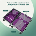 Open suitcase showing a 4-piece compression packing cube set in purple with one small, two medium and one large cube organised inside