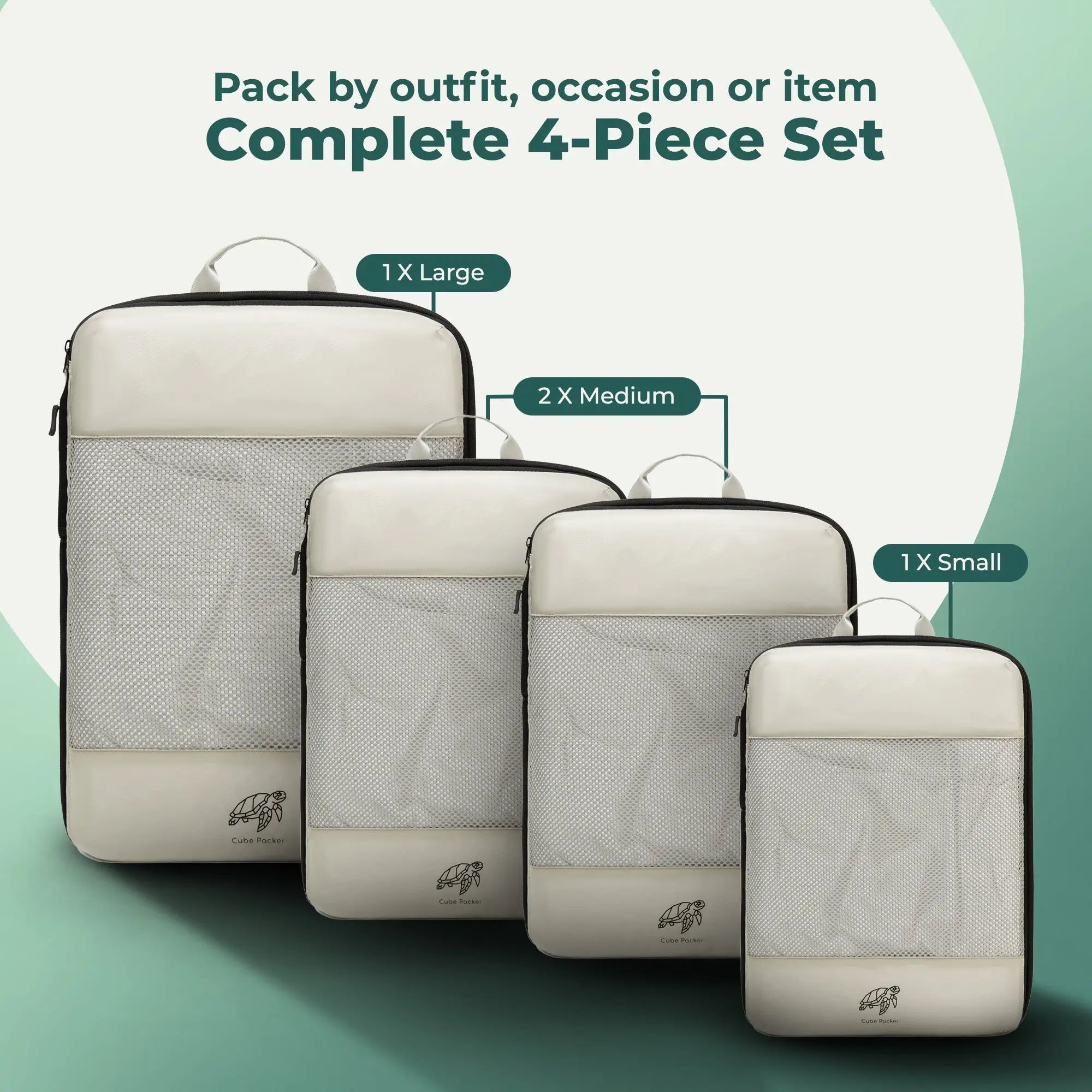 4-piece compression packing cube set in cream with one small, two medium and one large cube