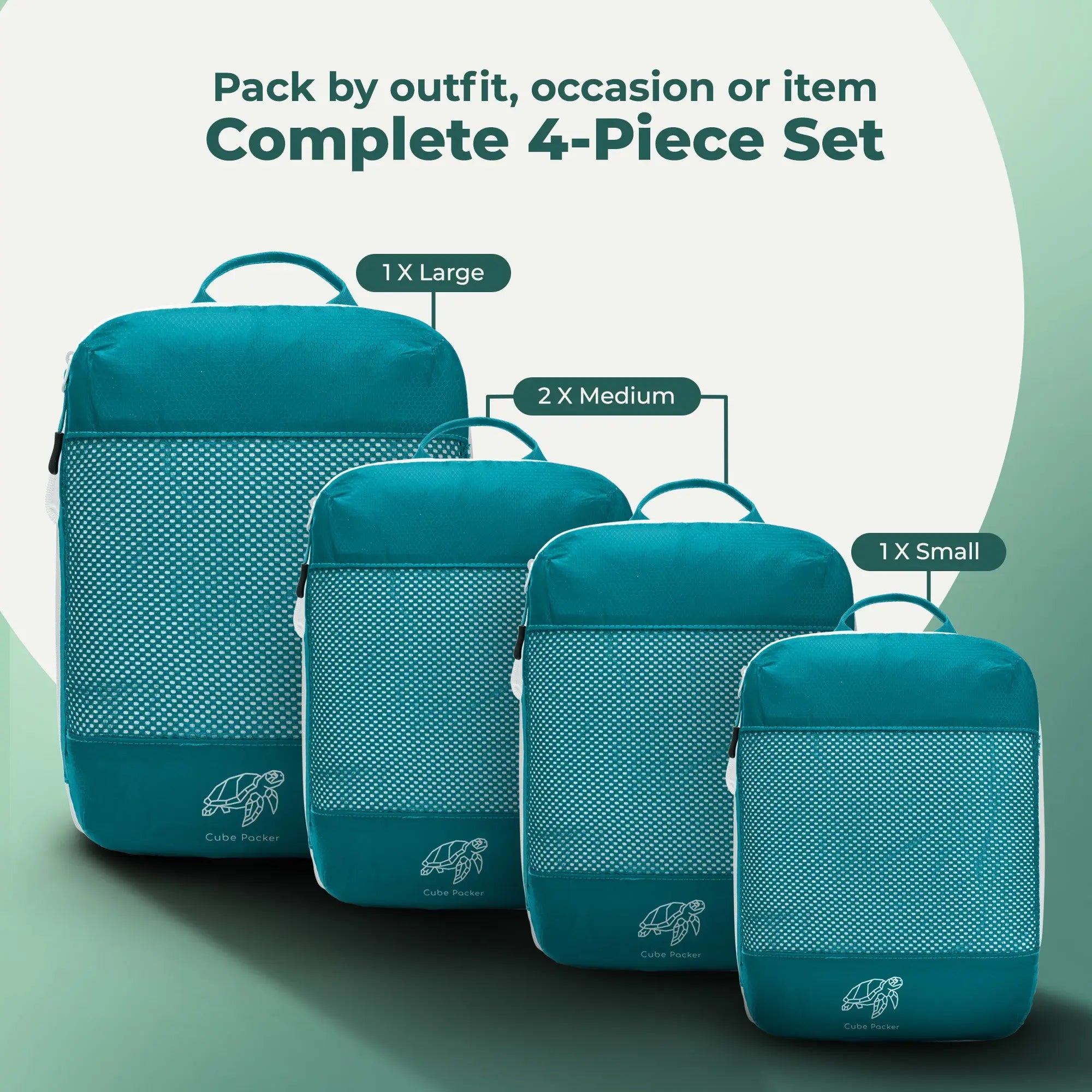 4-piece compression packing cube set in teal with one small, two medium and one large cube

