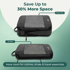 Before and after view of a compression packing cube in black showing reduced bulk after compression
