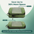 Before and after view of a compression packing cube in green showing reduced bulk after compression