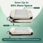 Before and after view of a compression packing cube in cream showing reduced bulk after compression