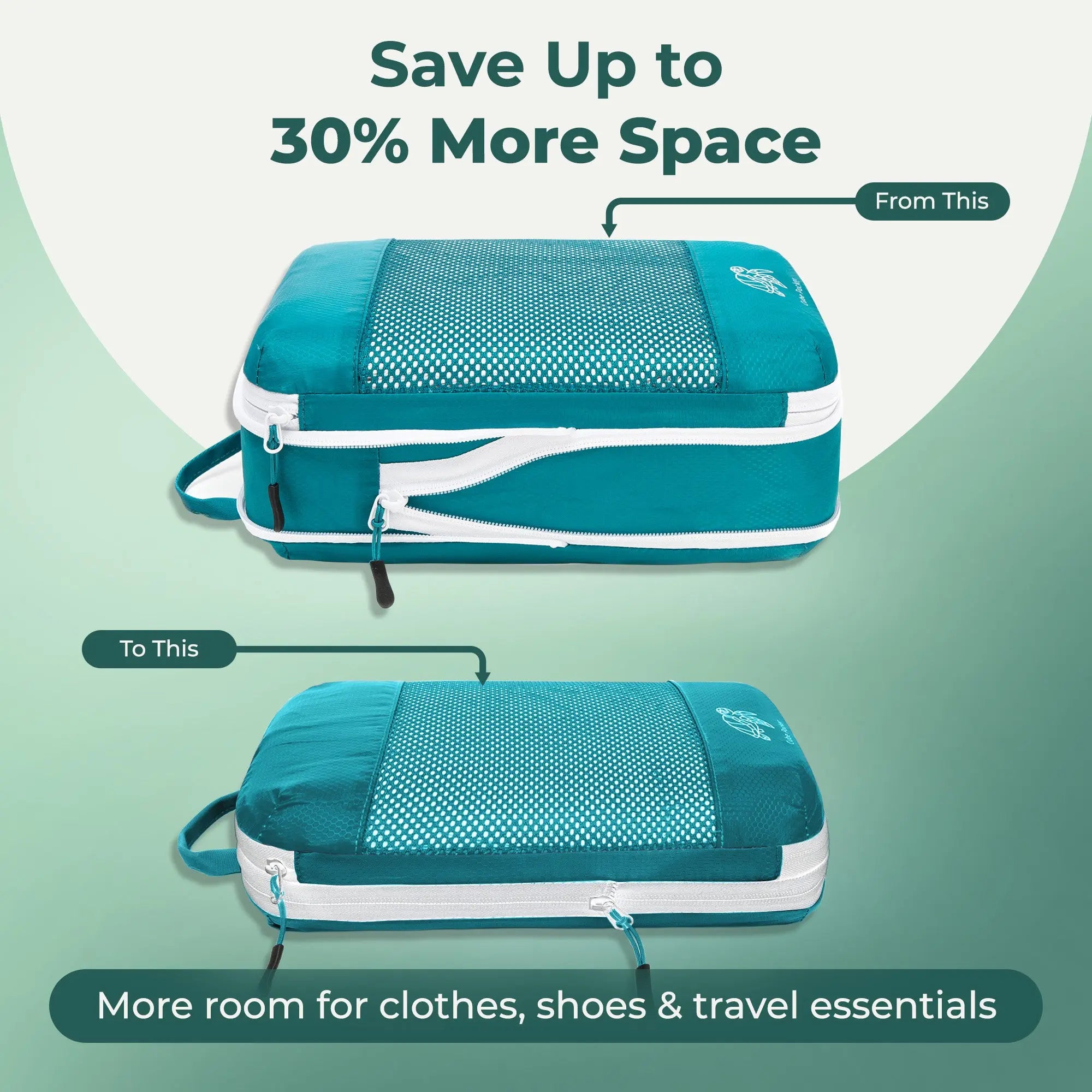 Before and after view of a compression packing cube in teal showing reduced bulk after compression