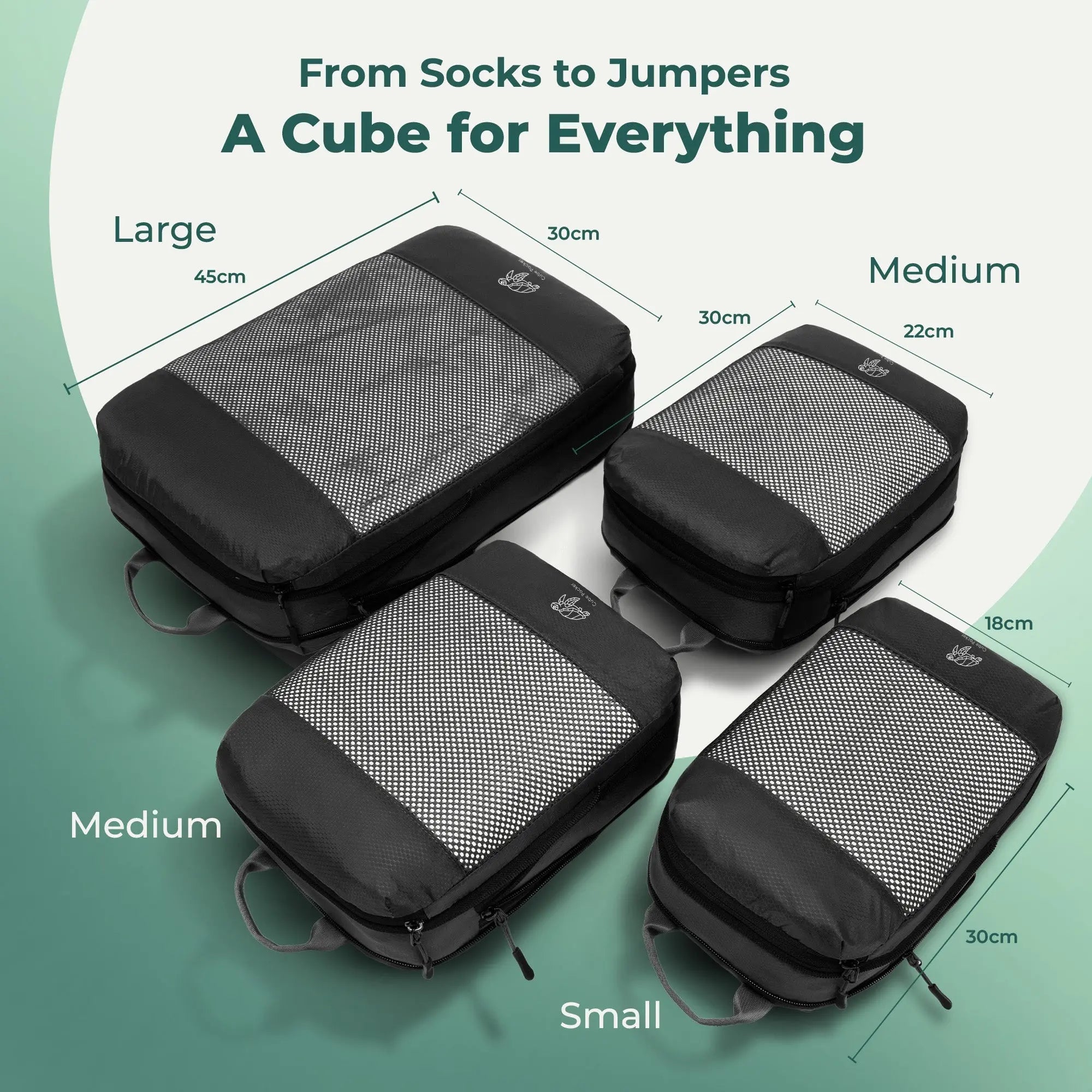 Cube Packer compression packing cubes size guide showing large, medium and small cubes with dimensions in black