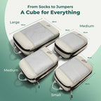 Cube Packer compression packing cubes size guide showing large, medium and small cubes with dimensions in cream