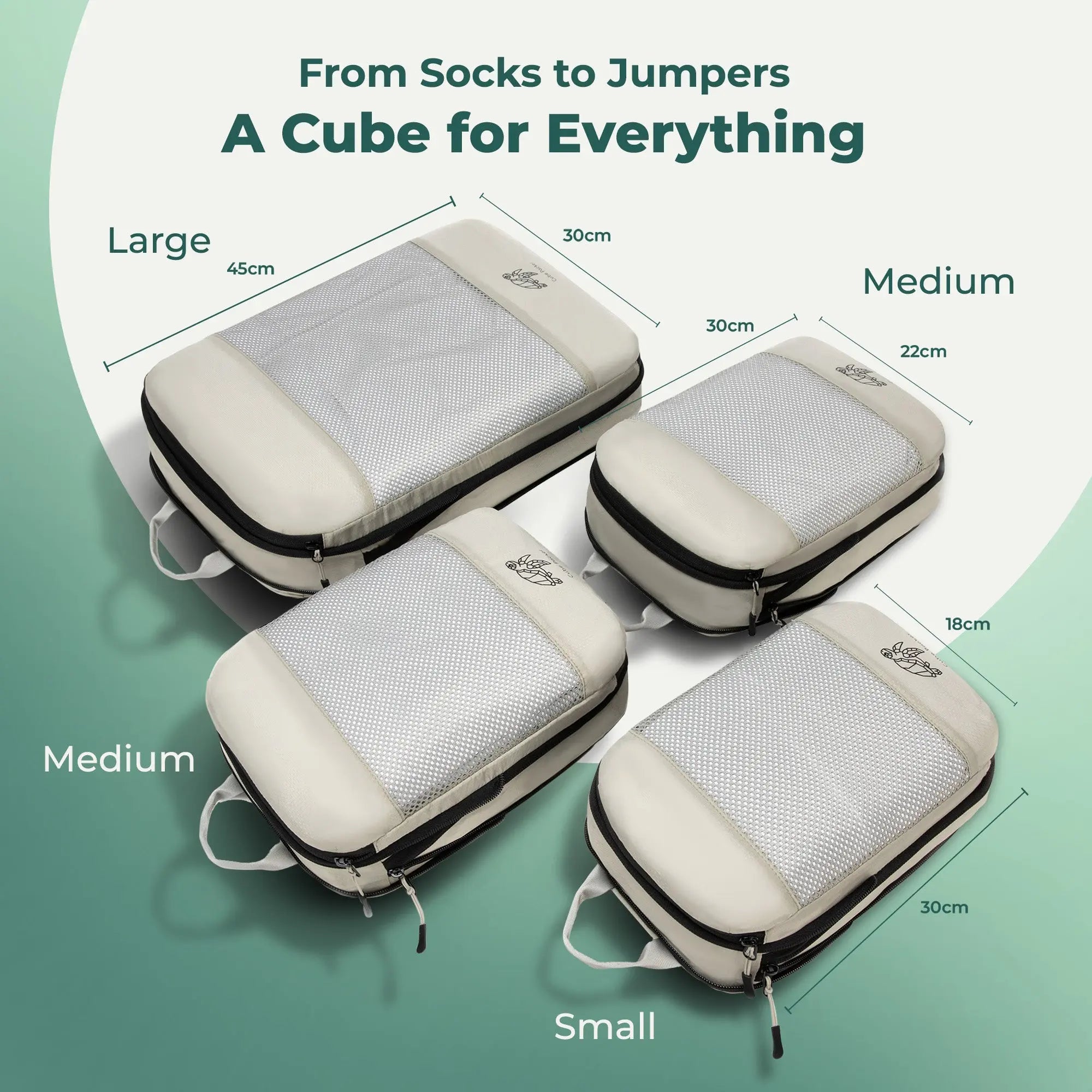 Cube Packer compression packing cubes size guide showing large, medium and small cubes with dimensions in cream