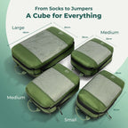 Cube Packer compression packing cubes size guide showing large, medium and small cubes with dimensions in green