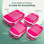 Cube Packer compression packing cubes size guide showing large, medium and small cubes with dimensions in pink