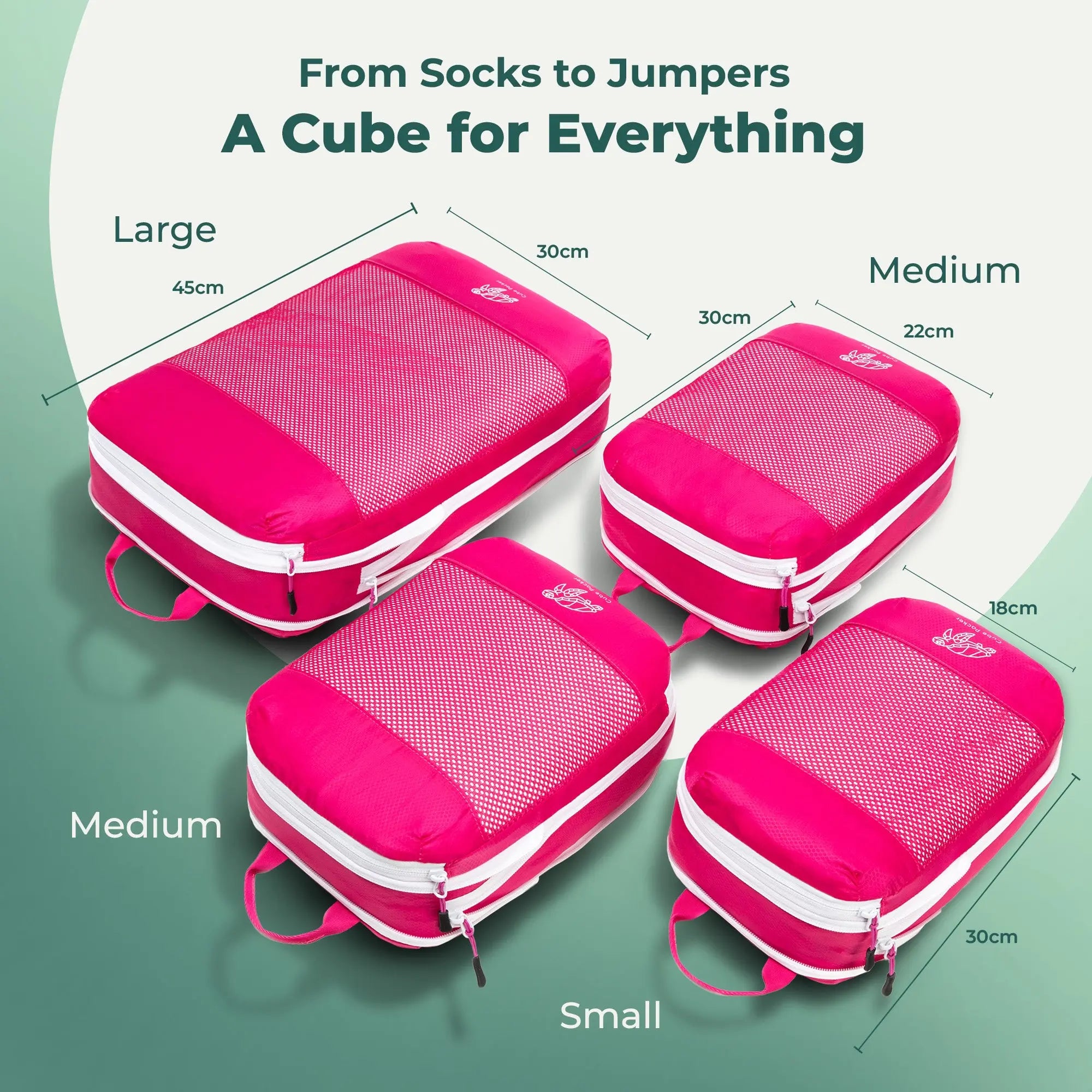 Cube Packer compression packing cubes size guide showing large, medium and small cubes with dimensions in pink