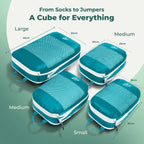 Cube Packer compression packing cubes size guide showing large, medium and small cubes with dimensions in teal (Reef Teal)