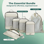 Cube Packer Essential Packing Cubes Bundle including compression packing cubes, shoe bag and laundry bag in cream for organised travel